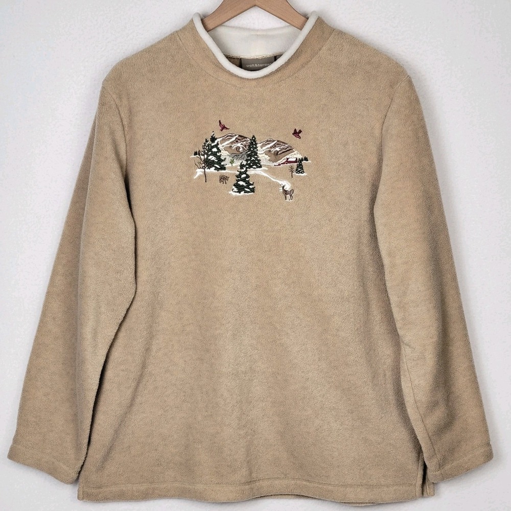 Vintage Croft & Barrow Fleece Sweatshirt Womens L Beige Winter Scene Sherpa Cozy